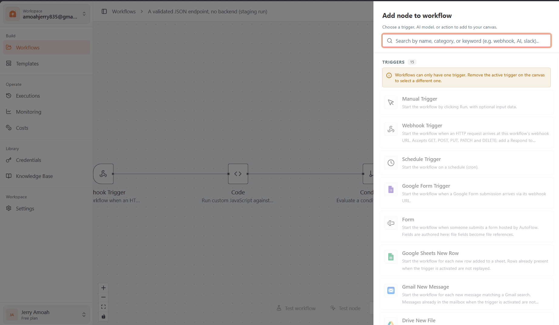 AutoFlow's workflow editor: a Webhook Trigger, Code and Condition workflow on the canvas, with the Add node panel open listing 15 triggers.