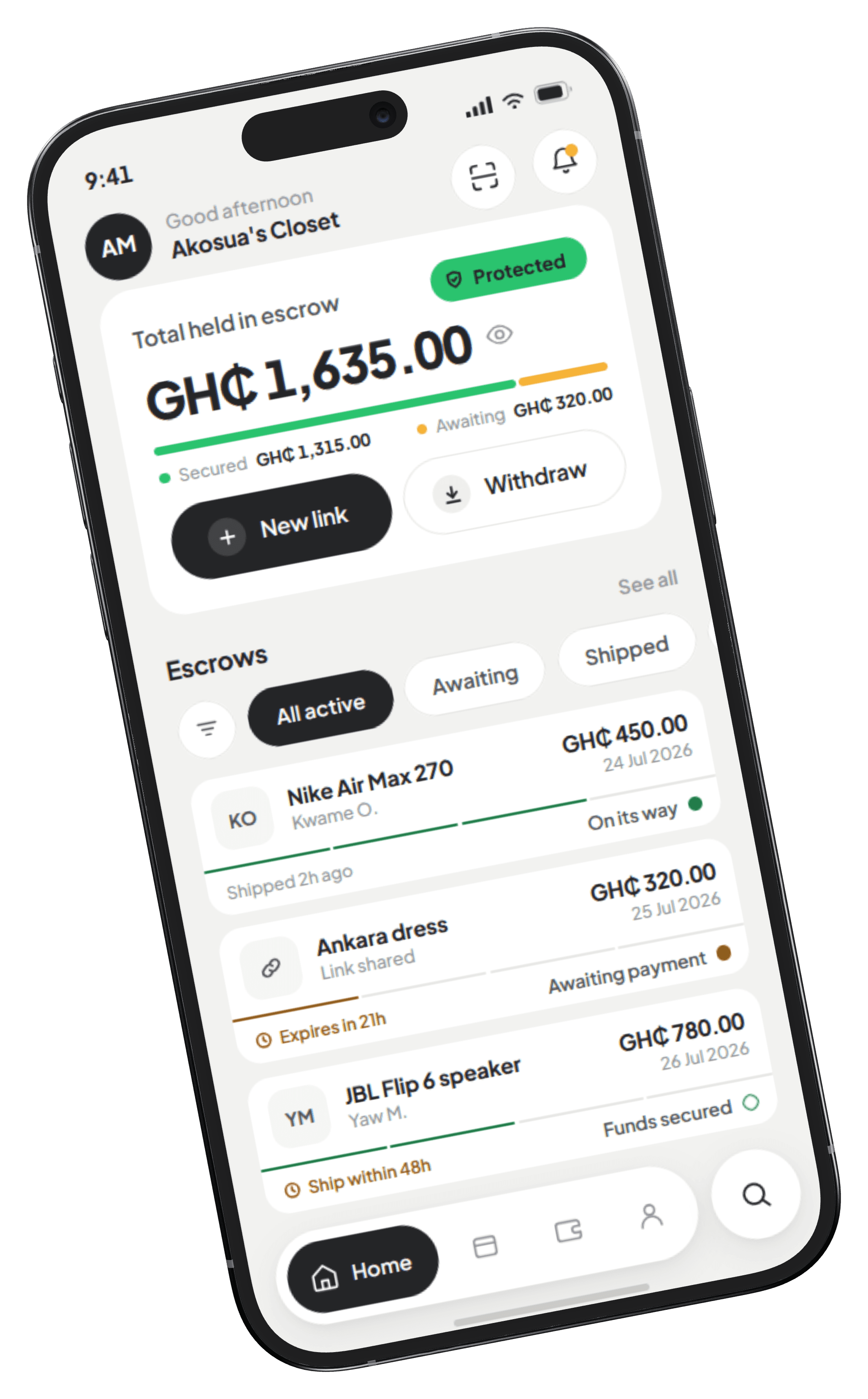 Croe's vendor home screen: GH₵1,635.00 held in escrow, with active escrows for a Nike Air Max 270, an Ankara dress and a JBL Flip 6 speaker.